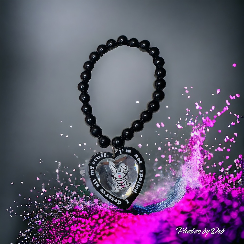 Happy Bunny heart charm black beaded stretch bracelet I’m not spoiled …